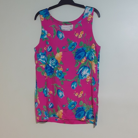 Silk blouse, 100% SILK Sleeveless Tank in Fuchsia Pink Floral print comb - Picture 1 of 3